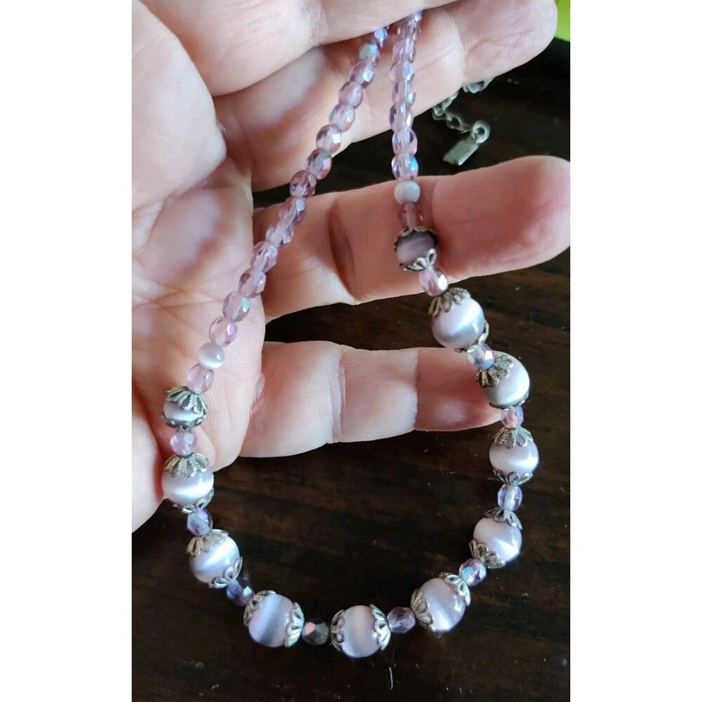 1928 Womens Crystals Faux Moonstone Irridescent Beaded 18" Necklace + Ring 8.5